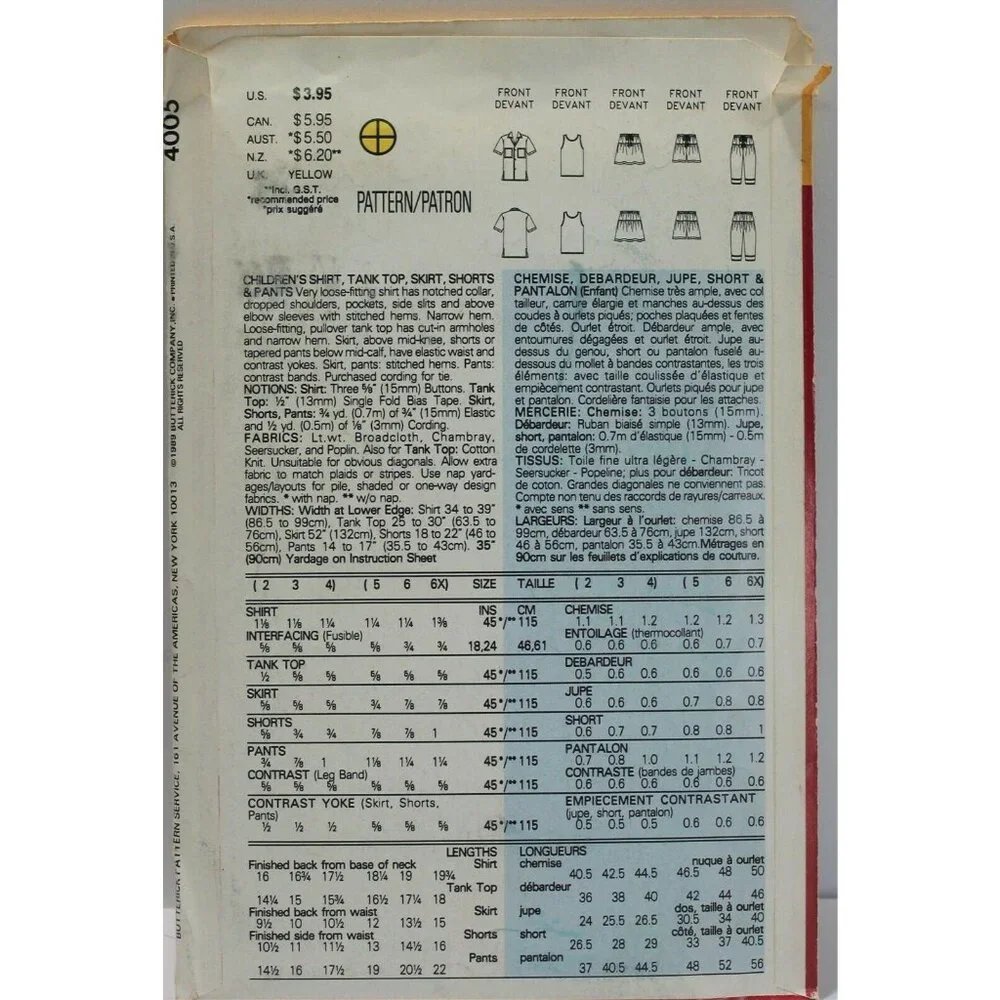 Butterick Sewing Pattern 4005 Childs Shirt‎ Tank Top Size 5 6 6x VTG
